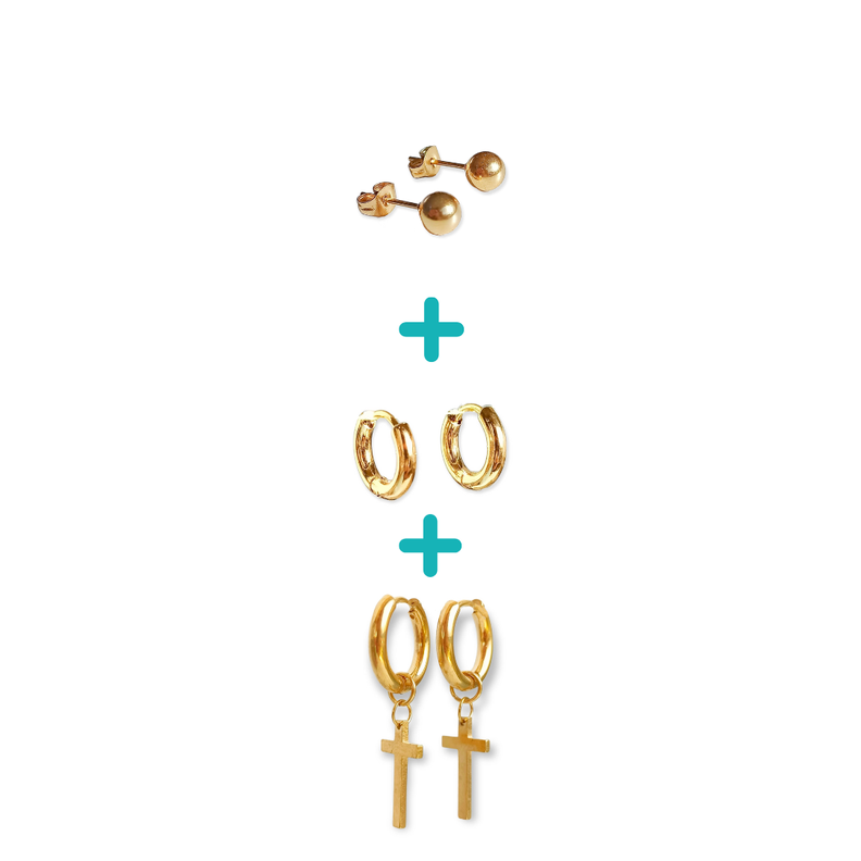 Pack De Aros Argollas Huggies Cruz Esfera Chapada En Oro 18k-0