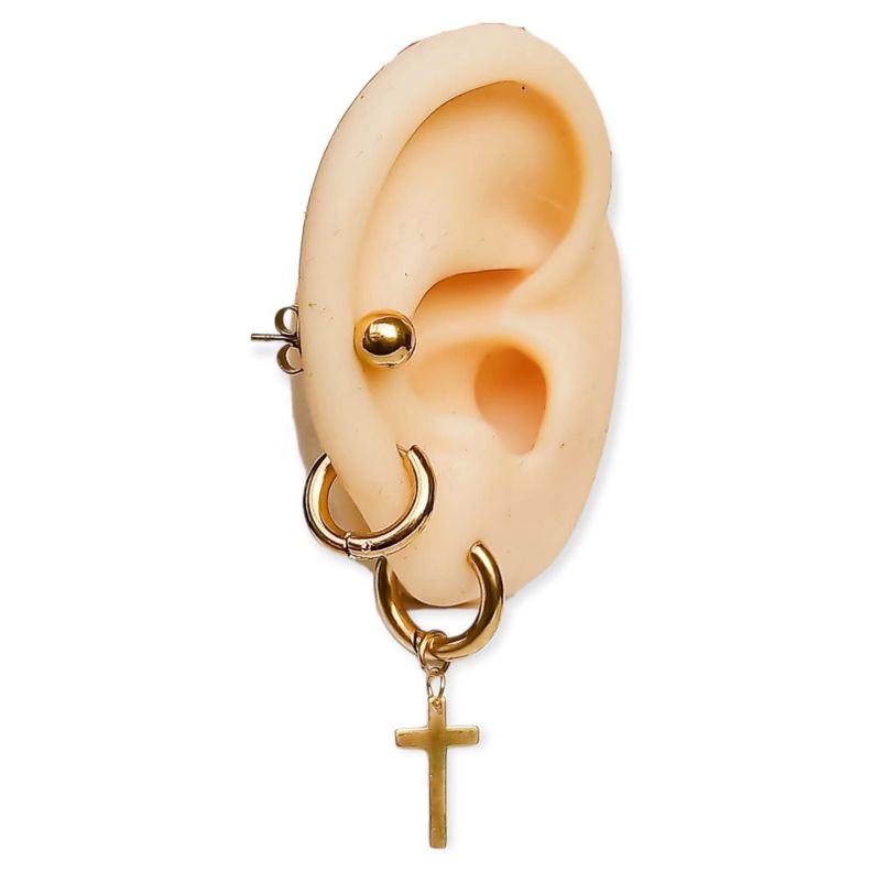 Pack De Aros Argollas Huggies Cruz Esfera Chapada En Oro 18k-1