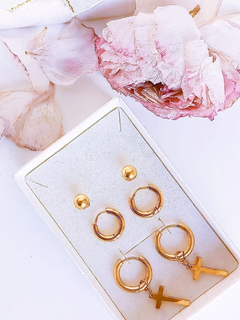 Pack De Aros Argollas Huggies Cruz Esfera Chapada En Oro 18k-2