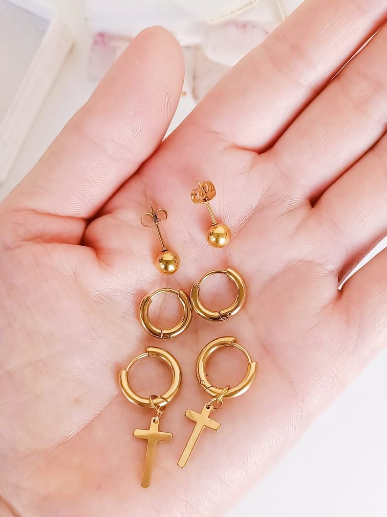 Pack De Aros Argollas Huggies Cruz Esfera Chapada En Oro 18k-3