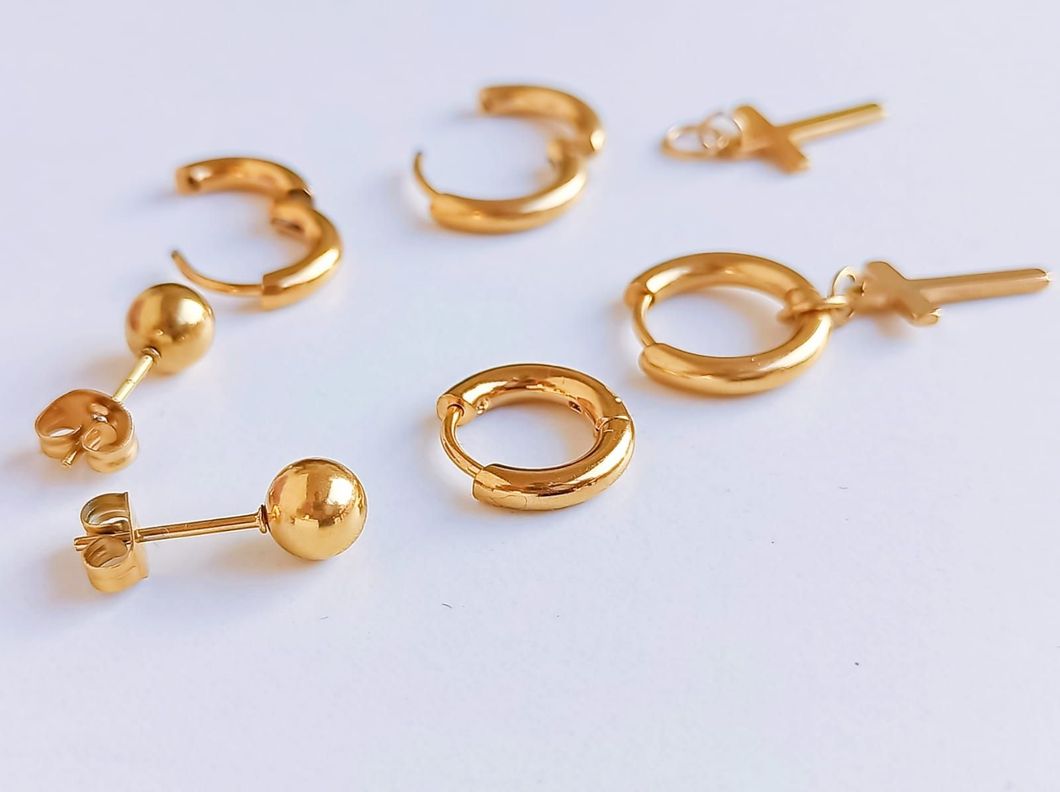 Pack De Aros Argollas Huggies Cruz Esfera Chapada En Oro 18k-4