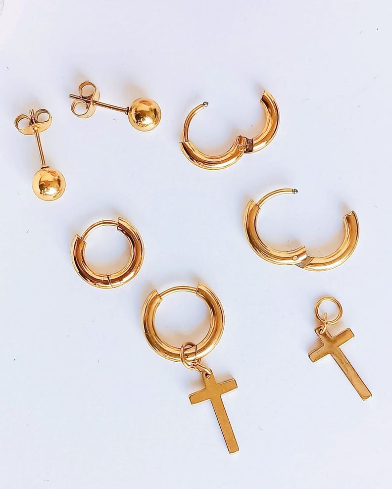 Pack De Aros Argollas Huggies Cruz Esfera Chapada En Oro 18k-5