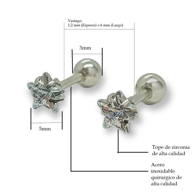 Aros Punto de Luz Acero Inoxidable Blanco Zirconio Estrella 5mm-3