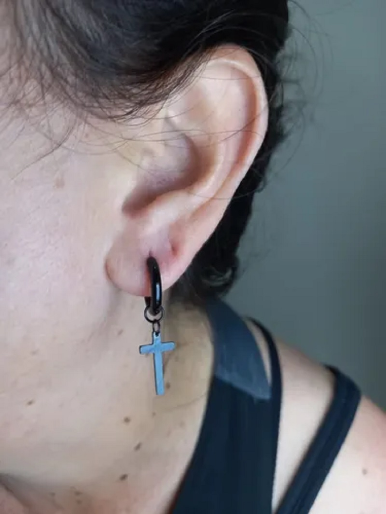 Aros Doble Uso Punk Cruz Acero Negro Pendientes Hombre Mujer-1
