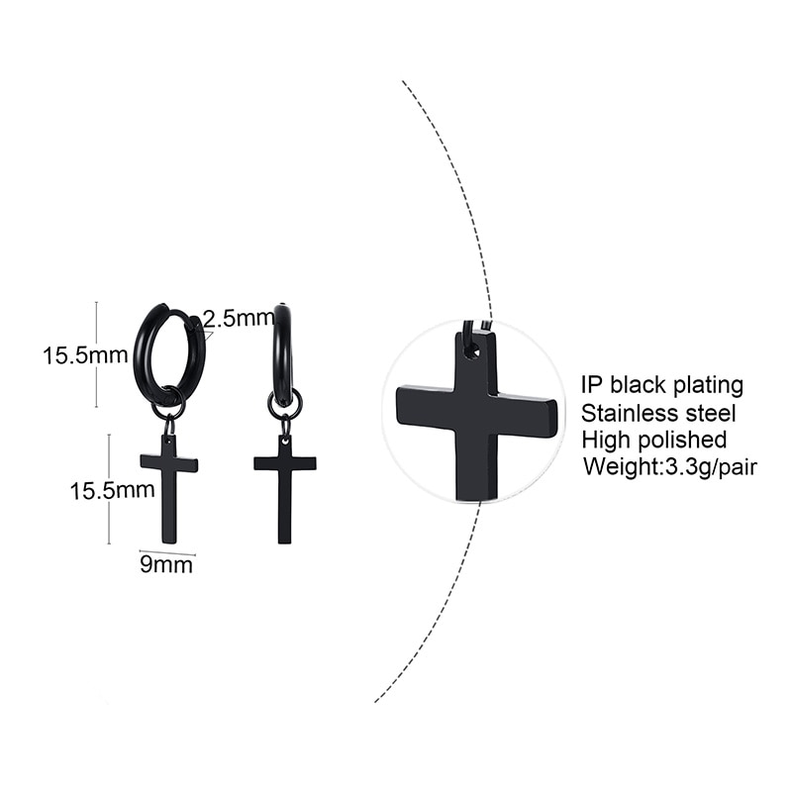 Aros Doble Uso Punk Cruz Acero Negro Pendientes Hombre Mujer-3