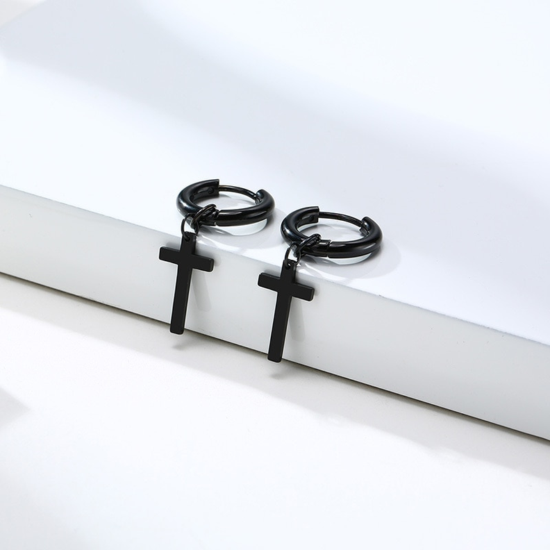 Aros Doble Uso Punk Cruz Acero Negro Pendientes Hombre Mujer-2