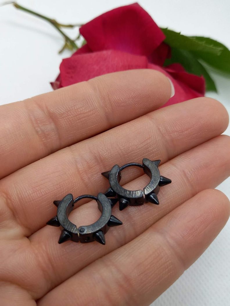 Aros argolla Puntas Punk Biker Hombre Mujer Acero Negro earing-4