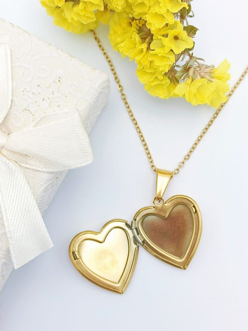 Relicario Corazon Nacar Cadena Guardafoto Chapado En Oro 18k-1