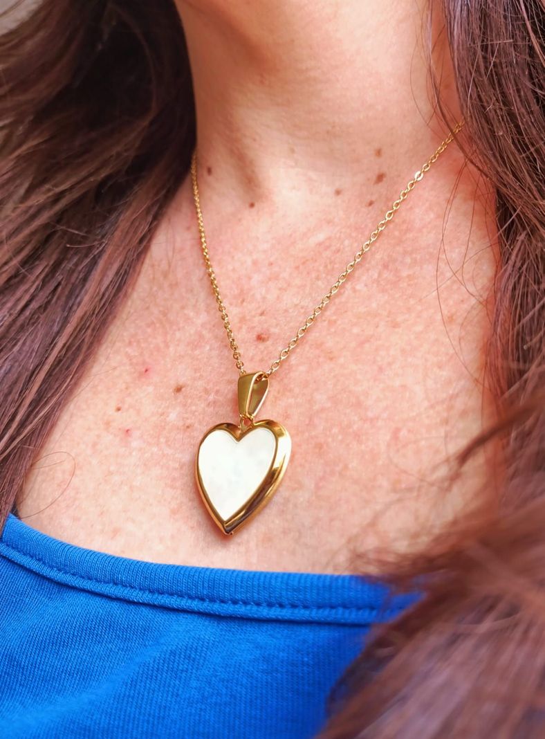 Relicario Corazon Nacar Cadena Guardafoto Chapado En Oro 18k-2