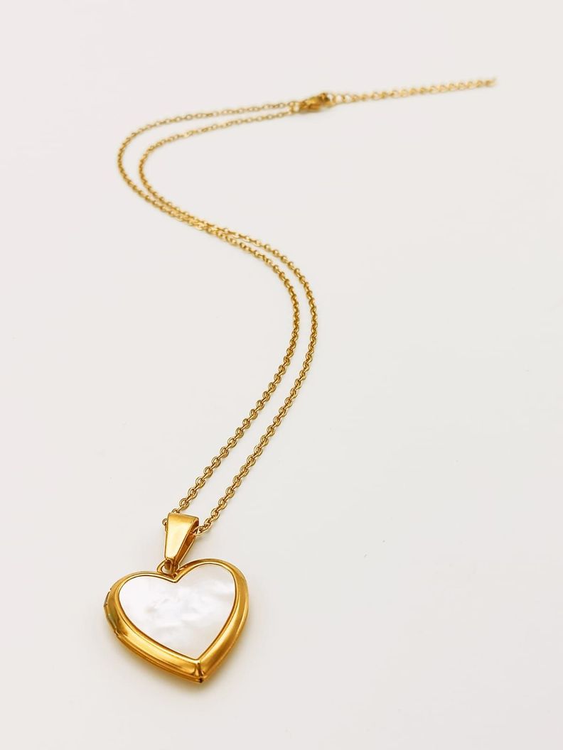 Relicario Corazon Nacar Cadena Guardafoto Chapado En Oro 18k-4