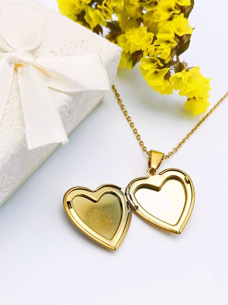 Relicario Corazon Nacar Cadena Guardafoto Chapado En Oro 18k-6