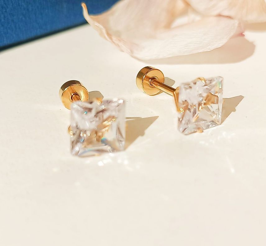 Aros Puntos De Luz Zirconio 7mm Cuadrado Chapados en oro 18kl-1