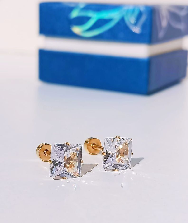 Aros Puntos De Luz Zirconio 7mm Cuadrado Chapados en oro 18kl-5