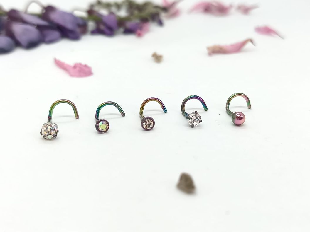 Set 5 Piercing Acero Quirúrgic Tipo S Nariz Zirconia Nostril multicolor-1