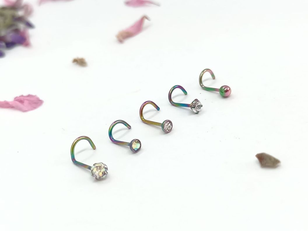 Set 5 Piercing Acero Quirúrgic Tipo S Nariz Zirconia Nostril multicolor-3