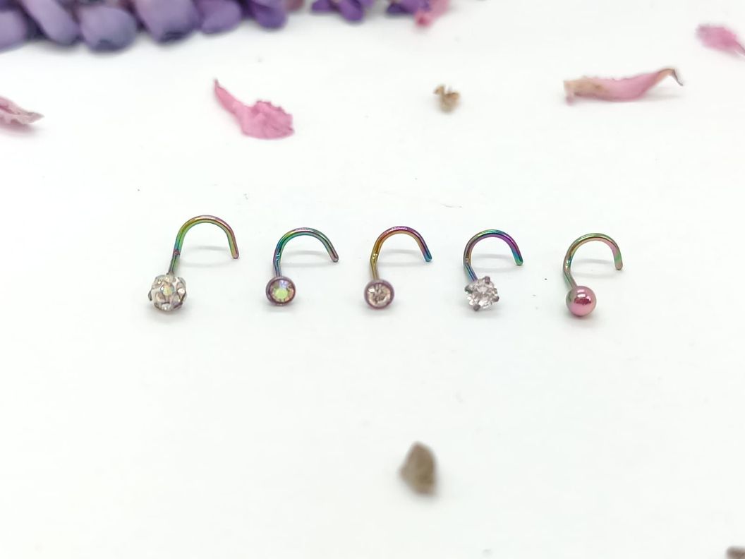 Set 5 Piercing Acero Quirúrgic Tipo S Nariz Zirconia Nostril multicolor-4