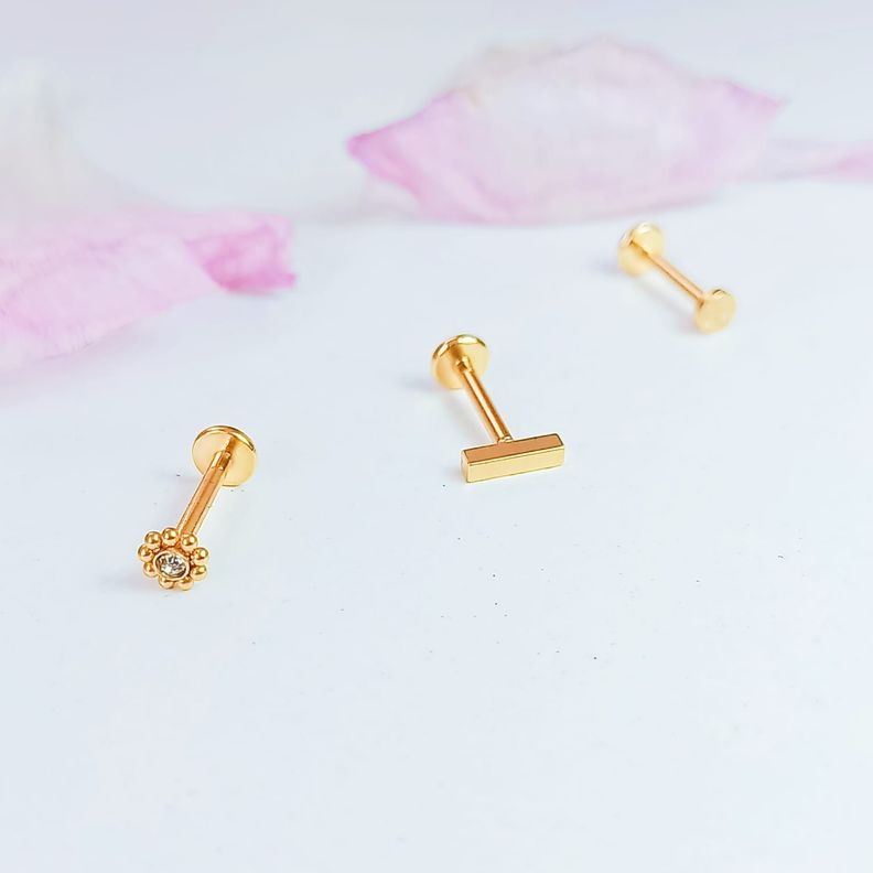 Conjunto Push pin Piercing Chapado En Oro 18k Nostril Labret Punto Luz-3