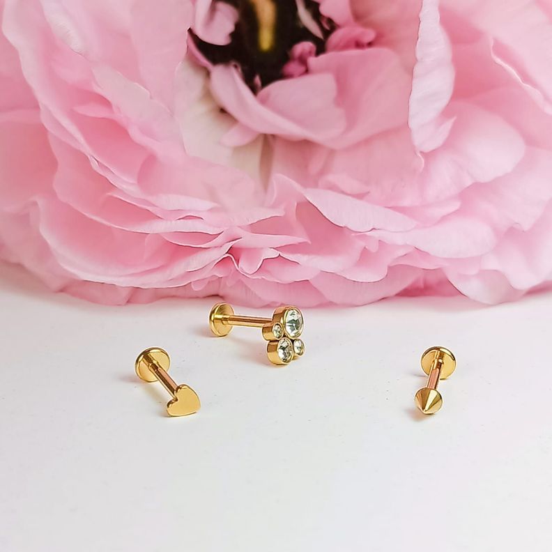 Conjunto push pin Piercing Chapado En Oro 18k Nostril Labret huella-3