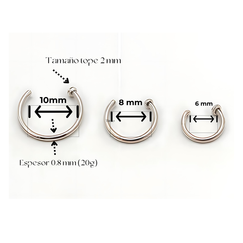 Pack de tres aros piercing abierto nostril titanio ASTM F136 plateados-2