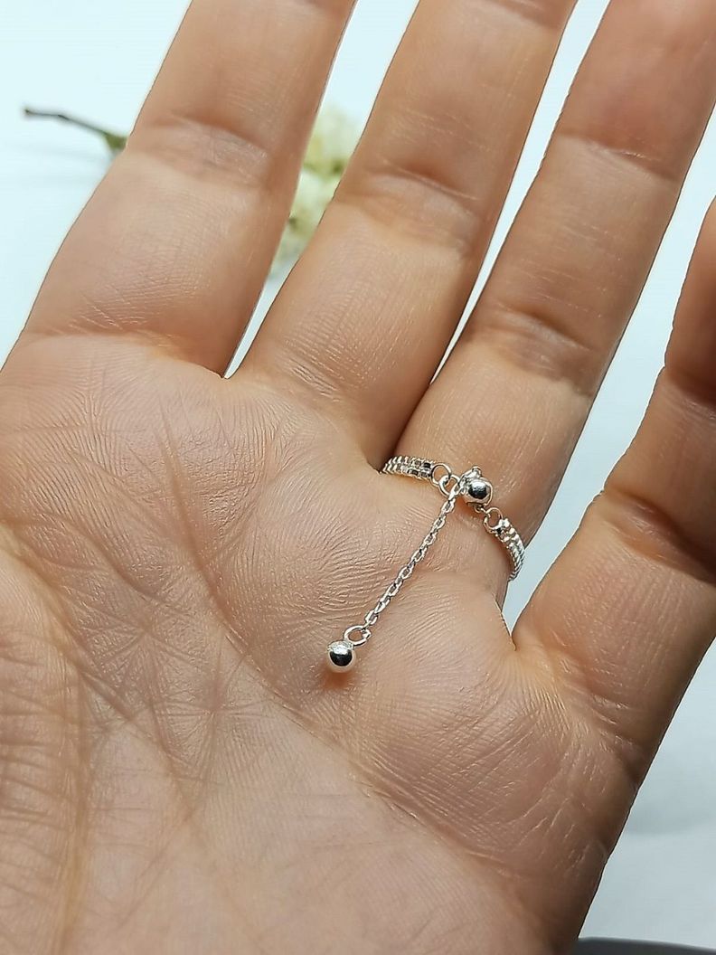 Anillo ajustable en plata fina ley S925 chapado en oro blanco 18kl Cadena lisa-5