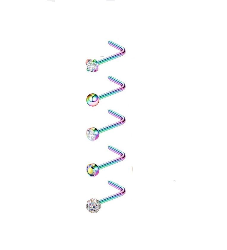 Set 5 Piercing multicolor Acero Quirúrgico Nariz Zirconia Nostril Tipo L-0
