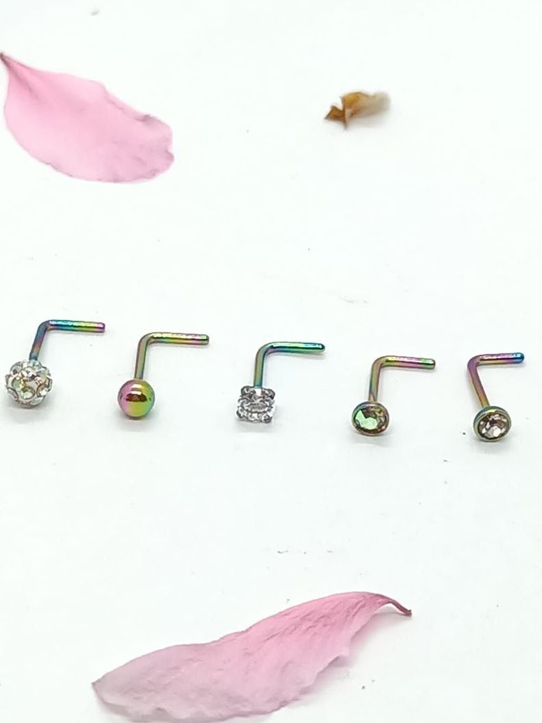 Set 5 Piercing multicolor Acero Quirúrgico Nariz Zirconia Nostril Tipo L-1