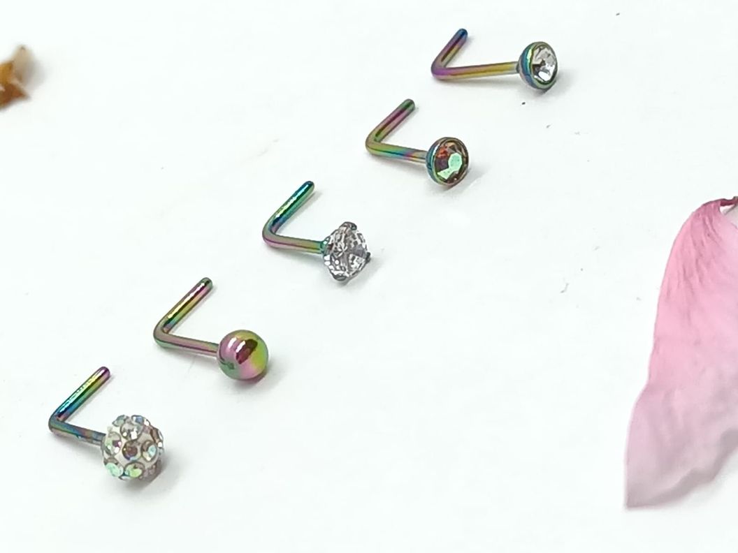 Set 5 Piercing multicolor Acero Quirúrgico Nariz Zirconia Nostril Tipo L-2