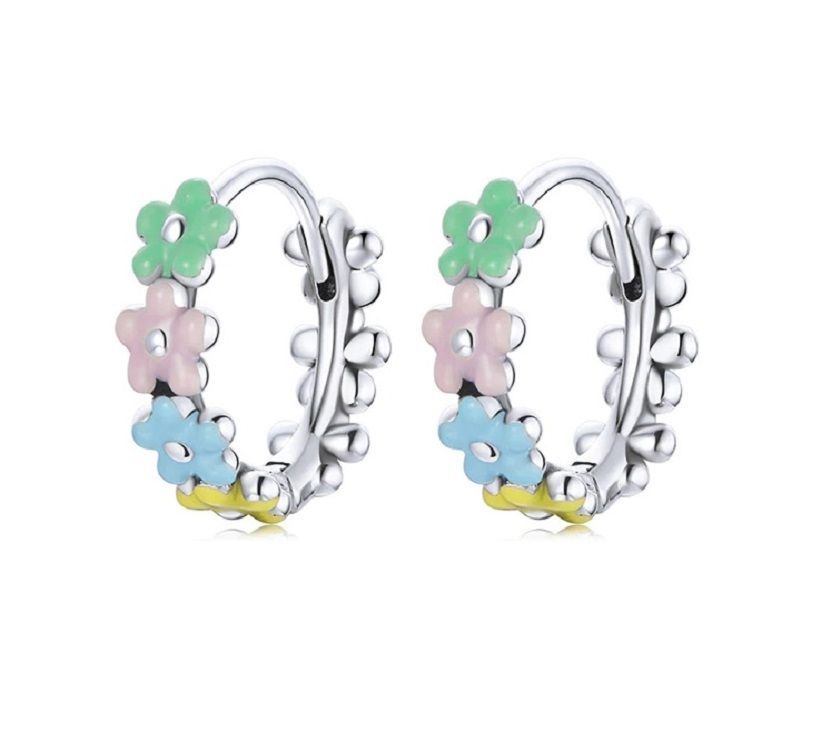 Argollas Huggies Pequeñas Coloridas Flores Plata ley S925-0