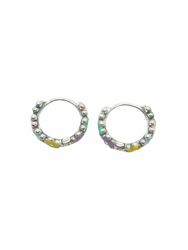 Argollas Huggies Pequeñas Coloridas Flores Plata ley S925-6