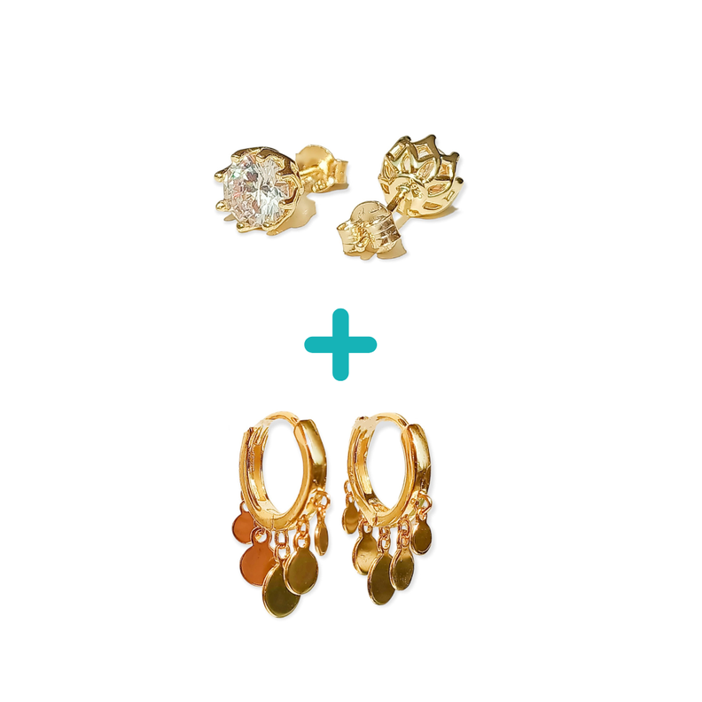 Pack Aros Punto De Luz Argollas Huggies Plata Bañado Oro 18k-0