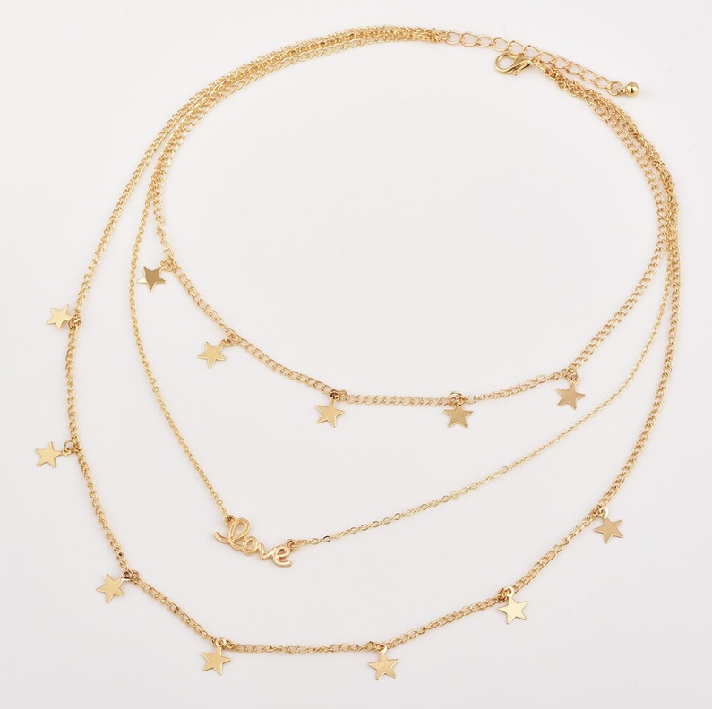 Gargantilla LOVE collar 3 en 1 estrellas doradas elegante-3
