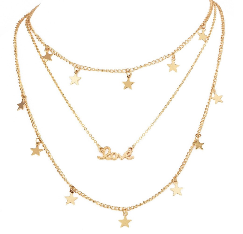 Gargantilla LOVE collar 3 en 1 estrellas doradas elegante-0