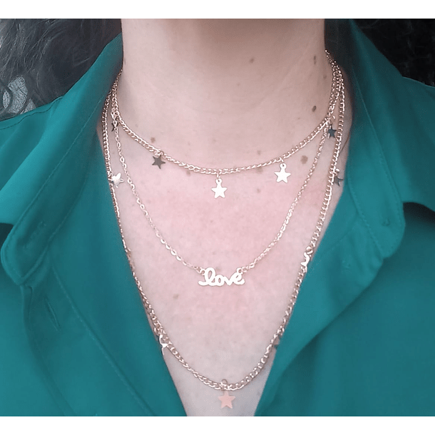 Gargantilla LOVE collar 3 en 1 estrellas doradas elegante-4