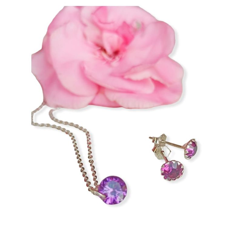 Set Cadena Aros Plata Punto Luz Zirconia Lila-3
