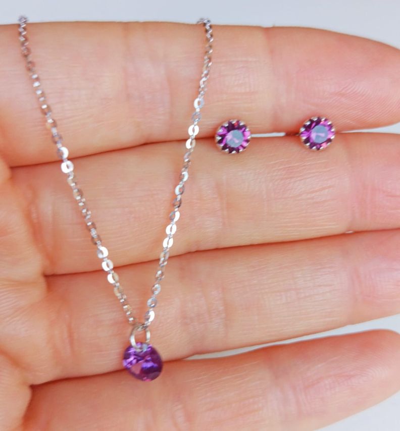 Set Cadena Aros Plata Punto Luz Zirconia Lila-4