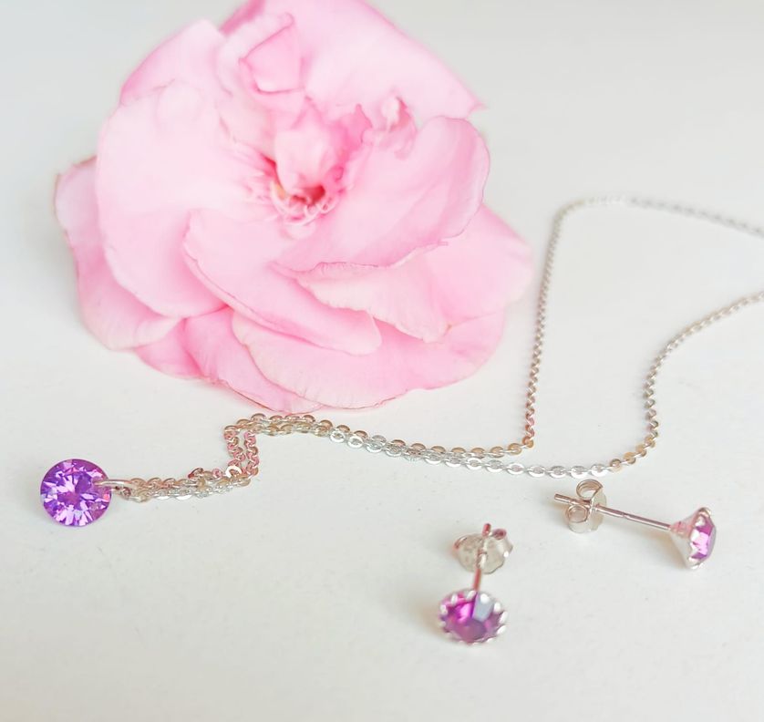 Set Cadena Aros Plata Punto Luz Zirconia Lila-5