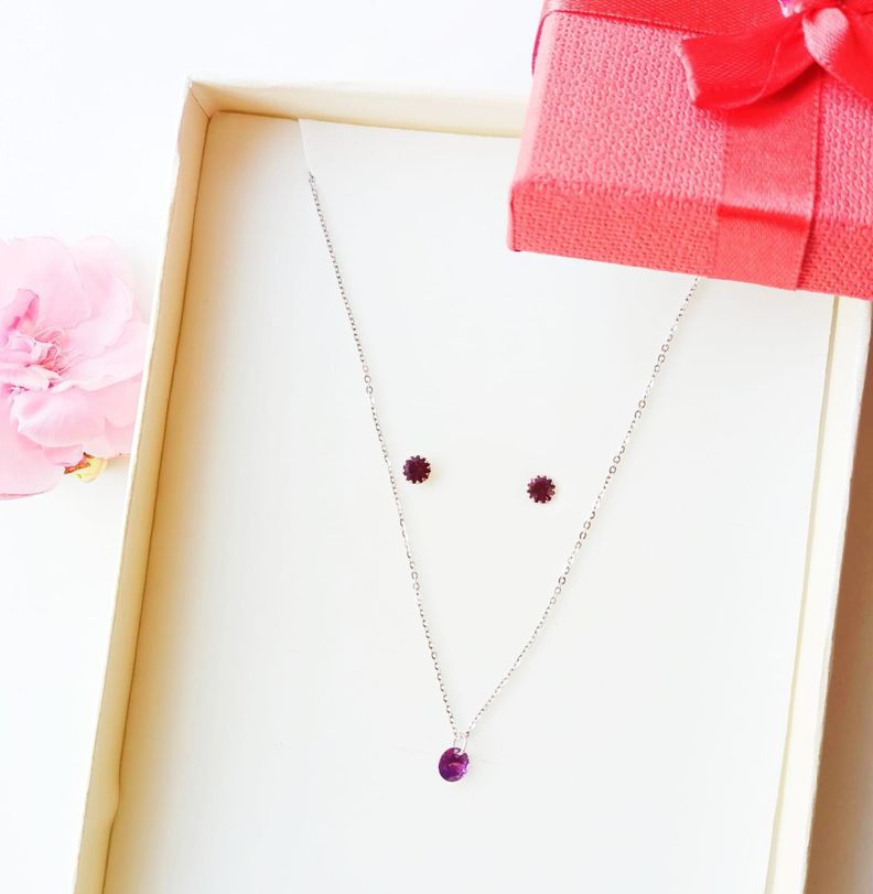 Set Cadena Aros Plata Punto Luz Zirconia Lila-0