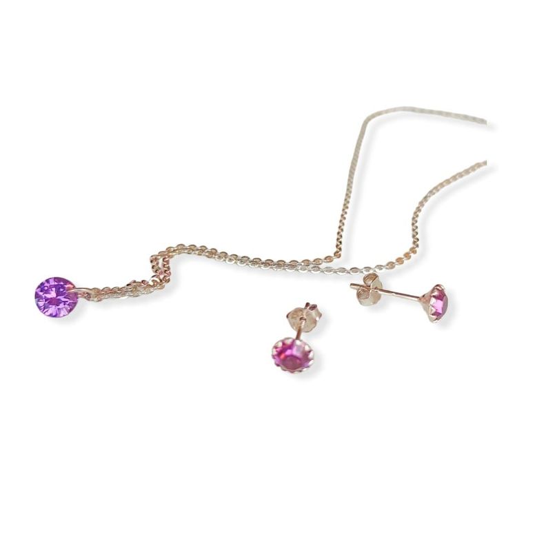 Set Cadena Aros Plata Punto Luz Zirconia Lila-1