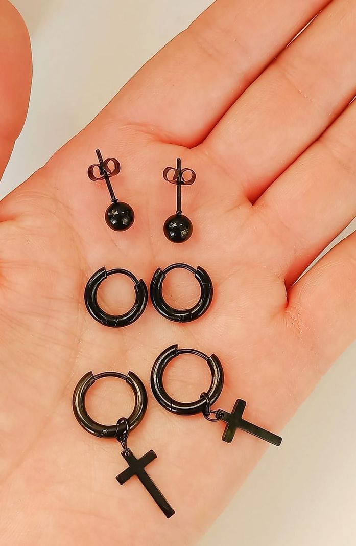 Pack De 3 Pares Aros Argollas Esfera Negras Piercing Oreja-4