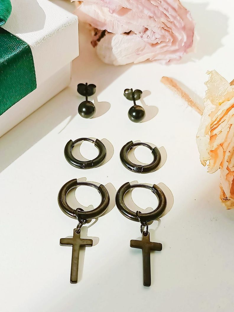 Pack De 3 Pares Aros Argollas Esfera Negras Piercing Oreja-5