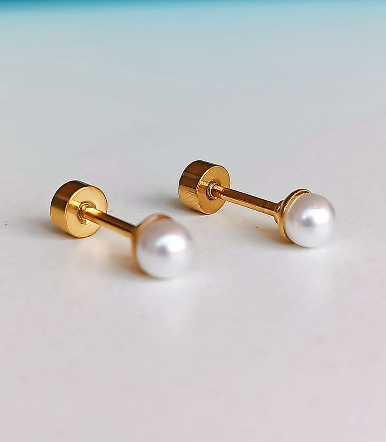 Aros Perlas 4mm tuerca tapa de seguridad chapados en oro 18kl-7