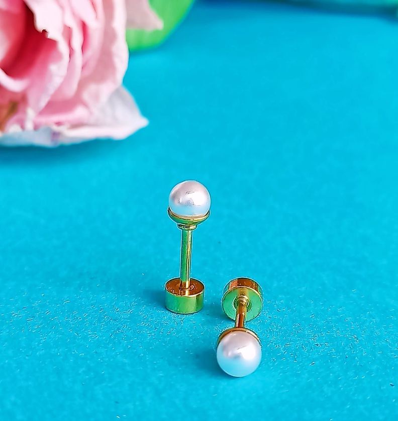 Aros Perlas 4mm tuerca tapa de seguridad chapados en oro 18kl-5