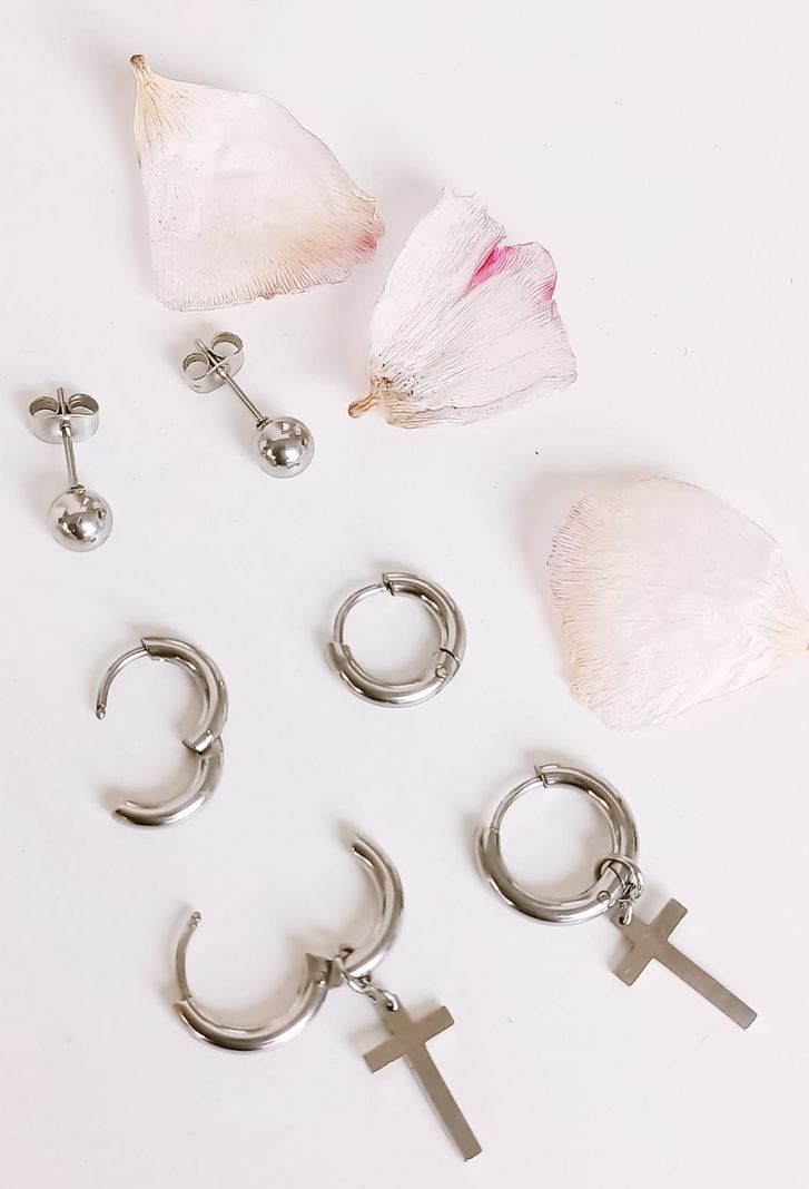 Pack De Aros Argollas Huggies Cruz Esfera Plateada Piercing-4