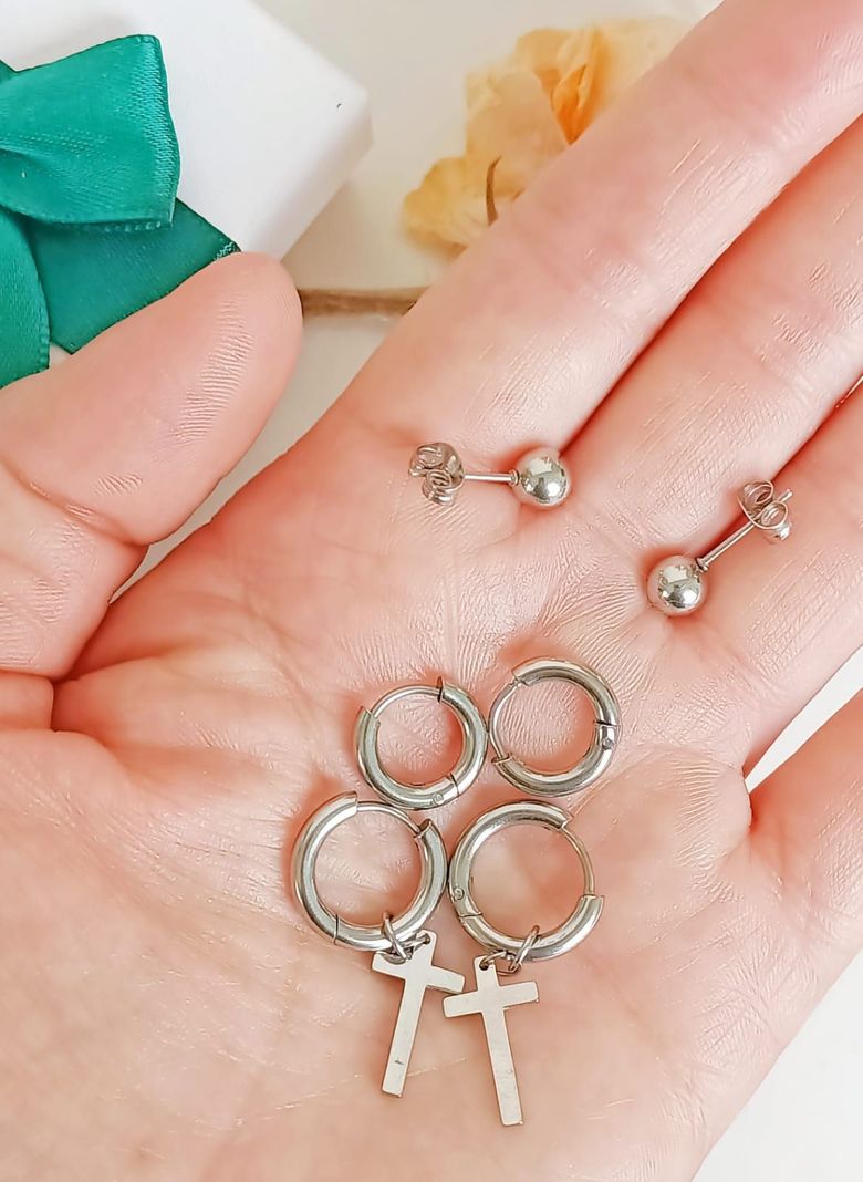 Pack De Aros Argollas Huggies Cruz Esfera Plateada Piercing-5