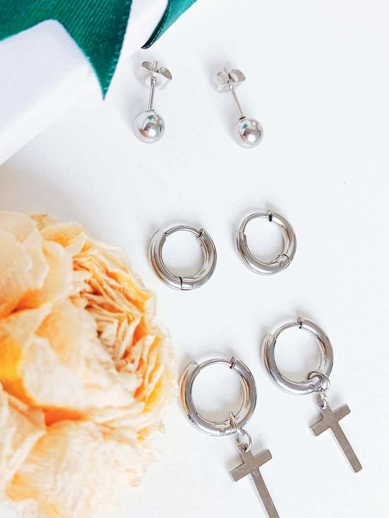 Pack De Aros Argollas Huggies Cruz Esfera Plateada Piercing-6