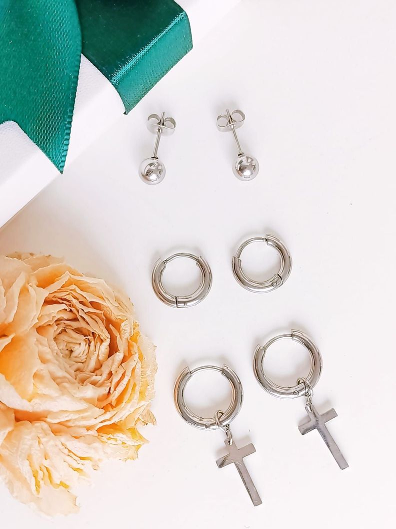 Pack De Aros Argollas Huggies Cruz Esfera Plateada Piercing-7