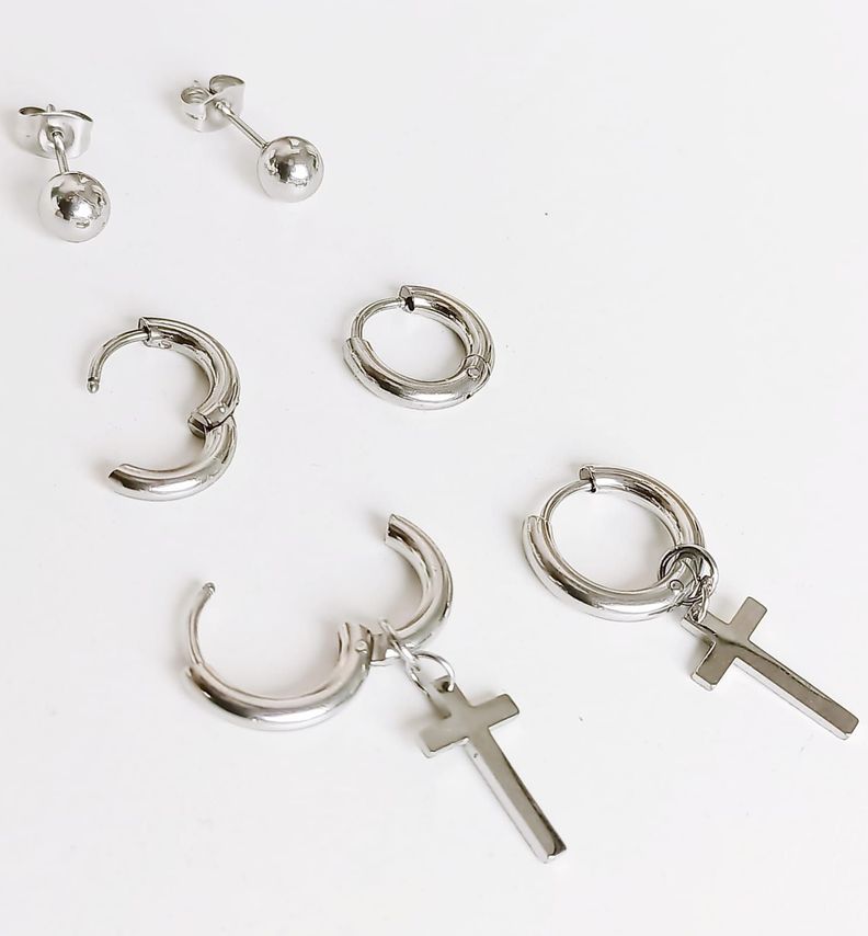 Pack De Aros Argollas Huggies Cruz Esfera Plateada Piercing-8