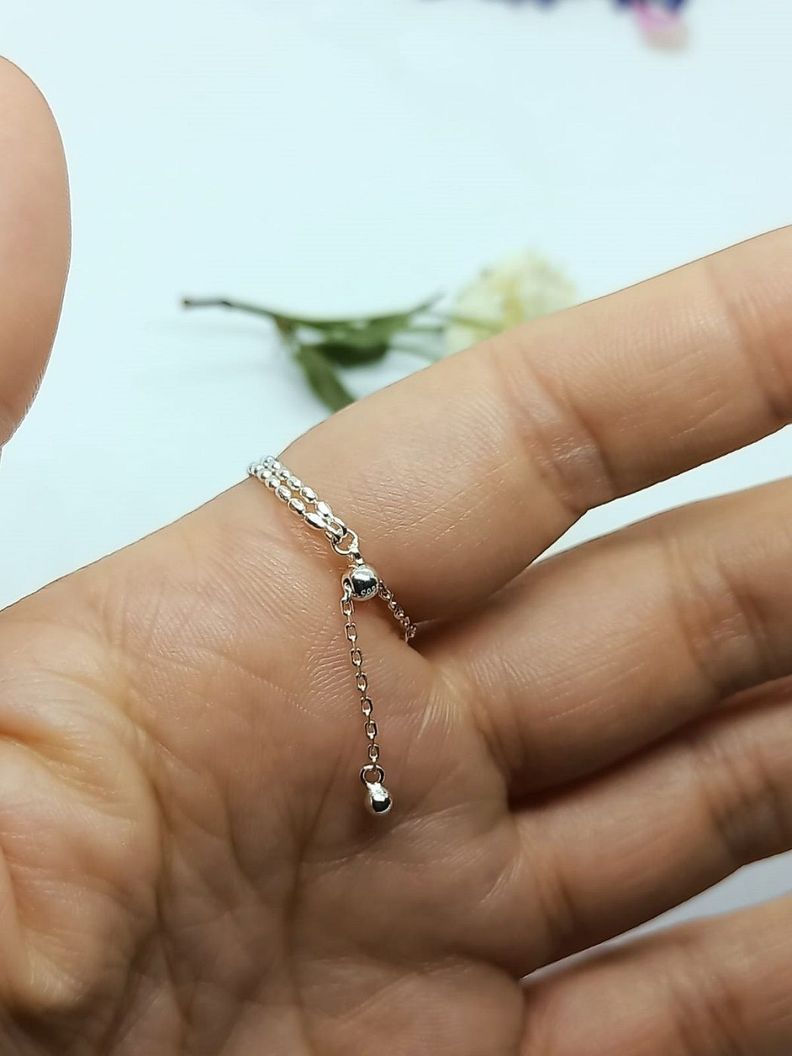 Anillo ajustable en plata fina ley S925 chapado en oro blanco 18kl Cadena doble-5
