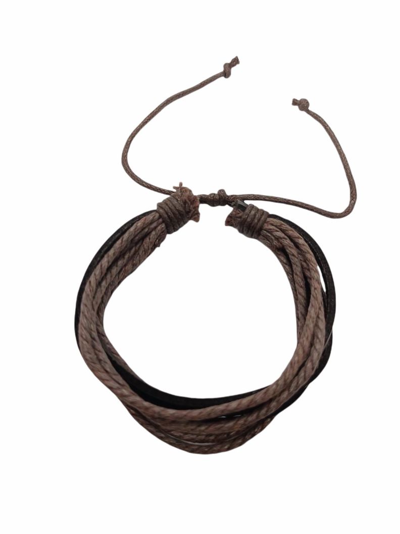 Pulsera De Cuero Y Cuerda Trenzada  Marron Ajustable-0