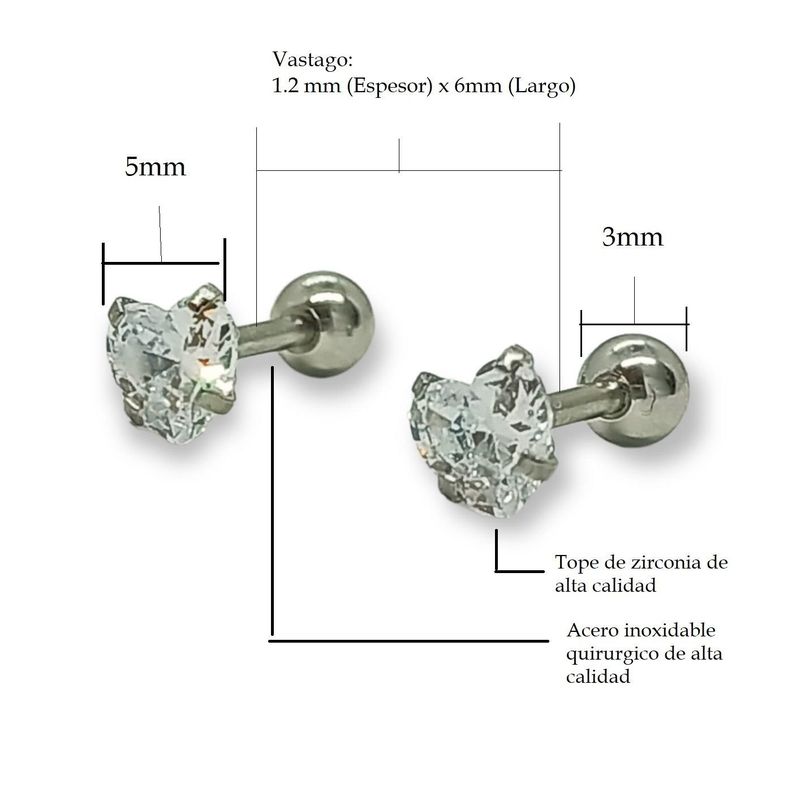 Aros Punto de Luz Acero Inoxidable Blanco Zirconio Corazon 5mm-3